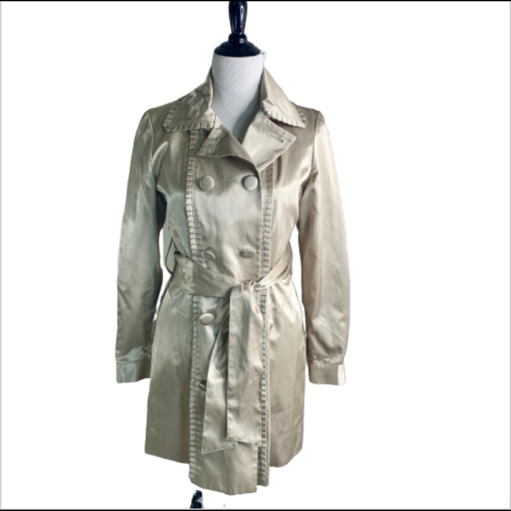 Brandon Thomas Ruffled Trench Coat, Metallic Sheen